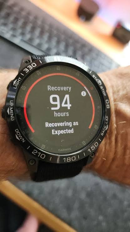 Smartwatch recovery screen on a rider's wrist