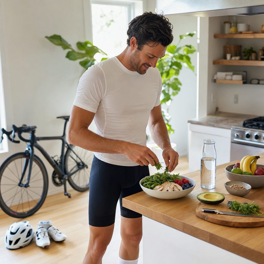 Rider preparing a meal in the kitchen