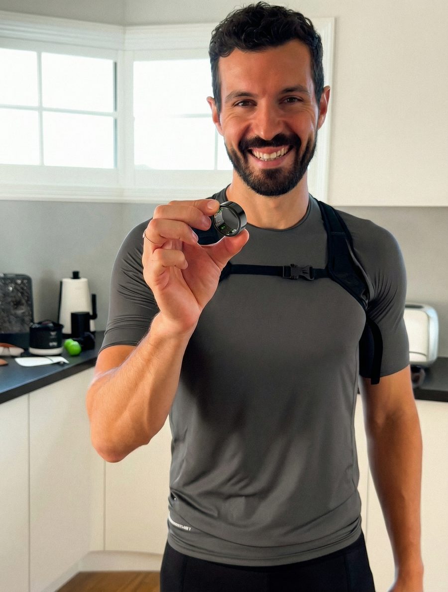 Rider in the kitchen holding up the HELIOS ring