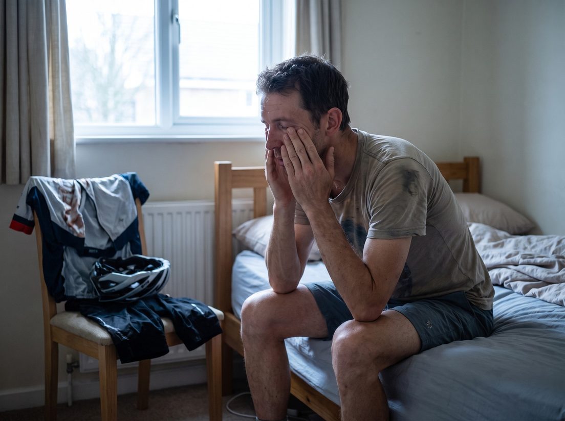 Tired cyclist sitting on the edge of his bed